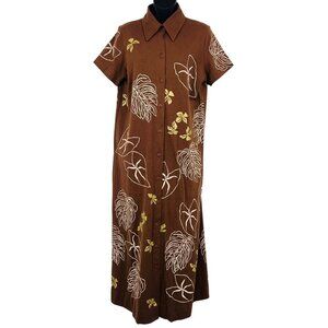 M.Mac Brown Button-Front Short Sleeve Dress Leaf Size Medium M Aloha EUC